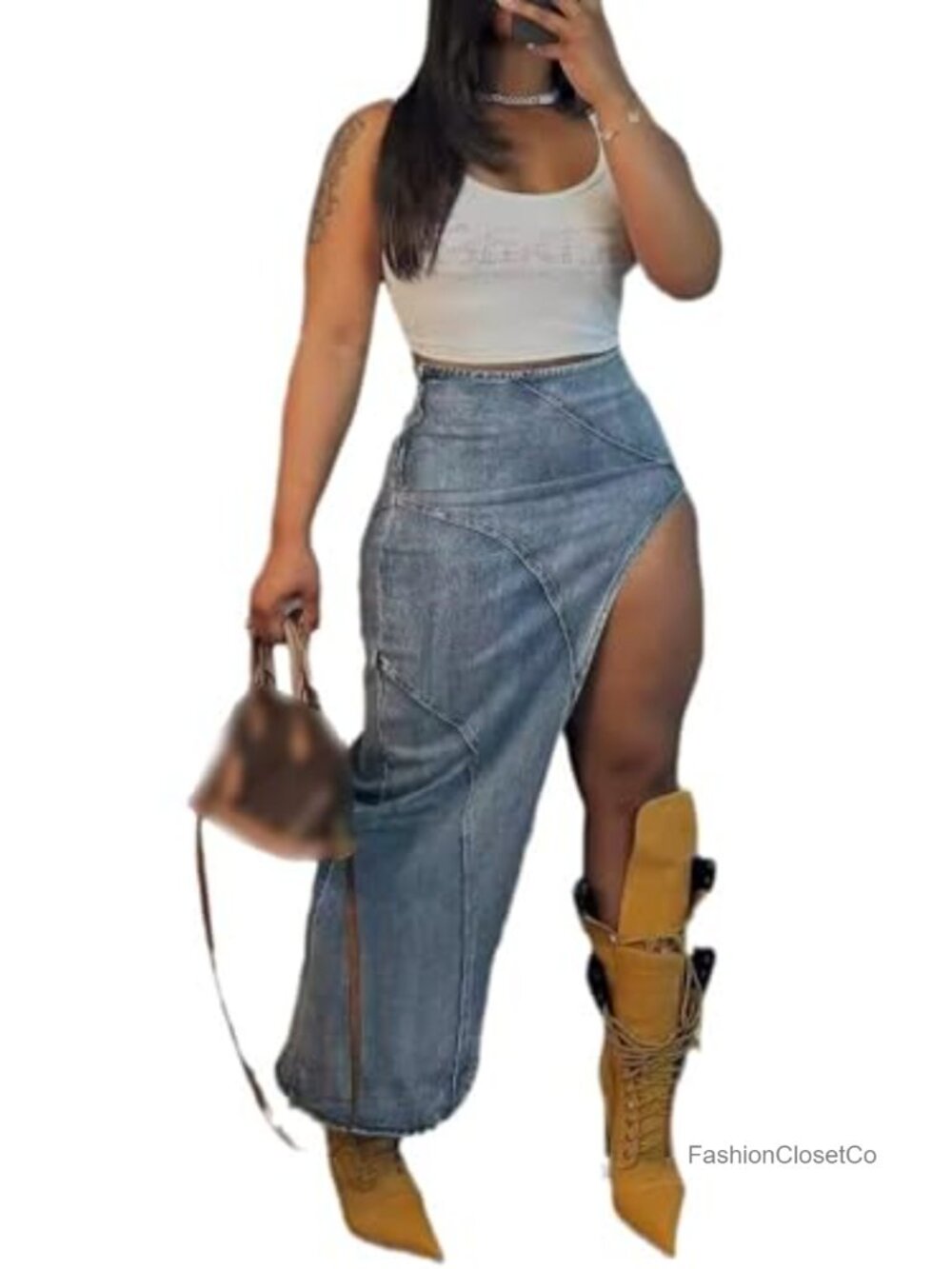 High Waisted Maxi Denim Skirt with Slit Pencil Skirt